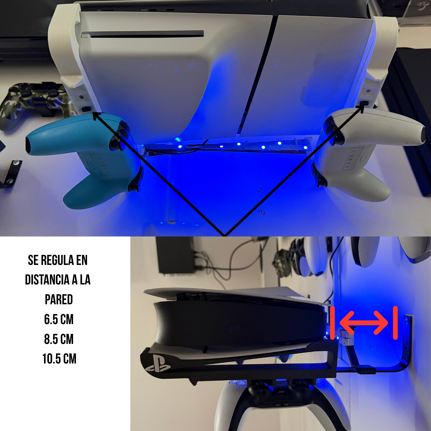 Soporte horizontal PS5 con estructura plástica y refuerzo metálico