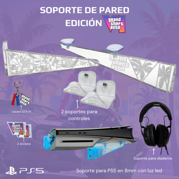 Soporte horizontal PS5 GTA 6 con dos porta controles y porta diadema