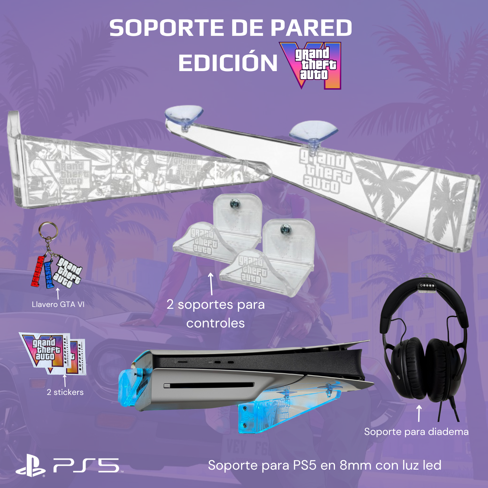 Soporte horizontal PS5 GTA 6 con dos porta controles y porta diadema
